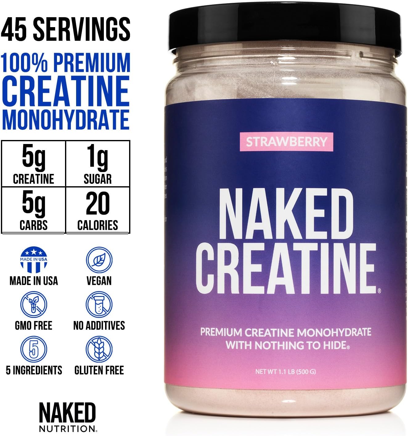 Naked Creatine - Strawberry Flavored Creatine Monohydrate - Real Strawberry Powder